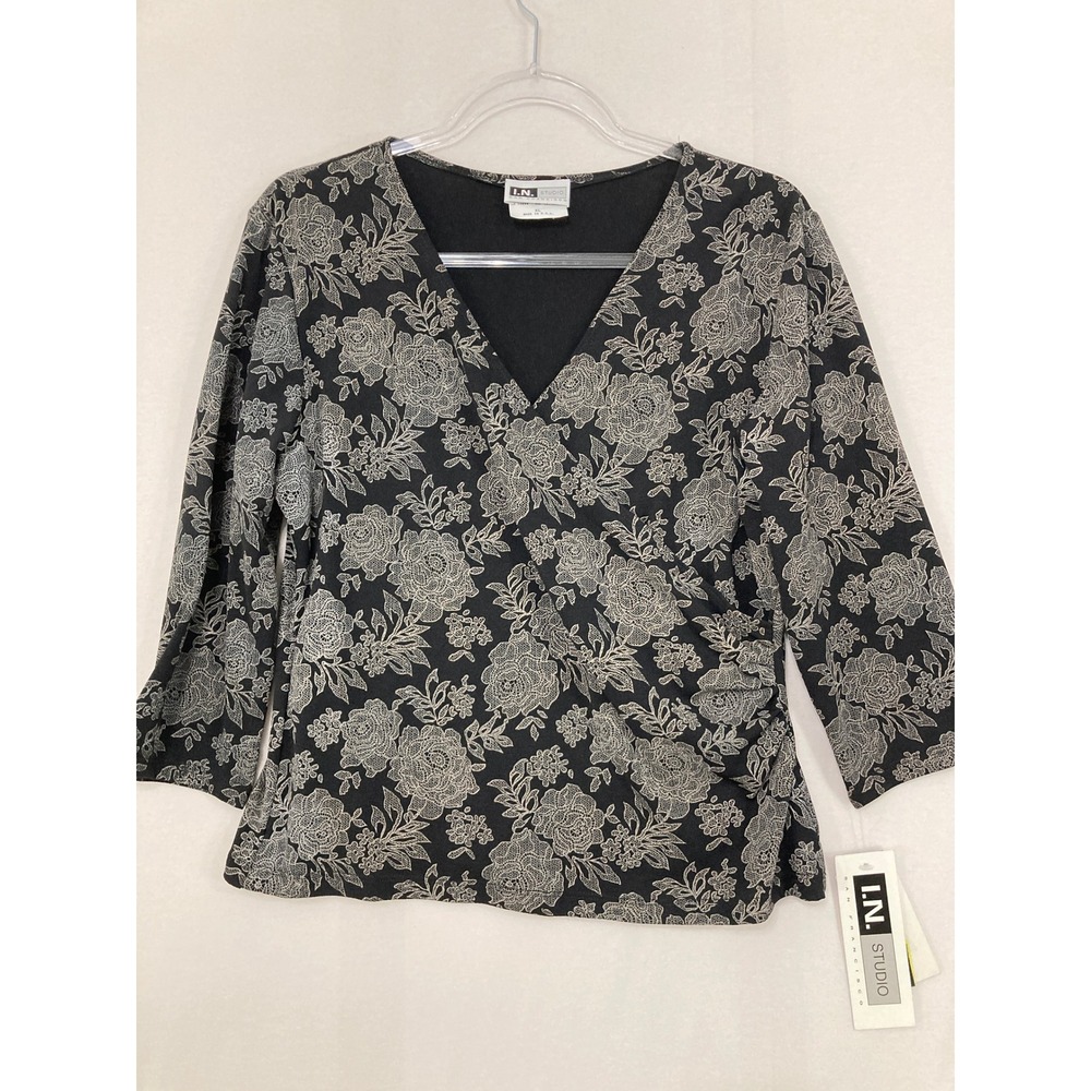 NWT Vintage I.N. Studio Faux Wrap Top size XL Floral V-Neck 3/4 Sleeve Stretch